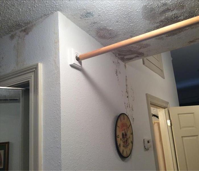 Ceiling and walls with water damage stains